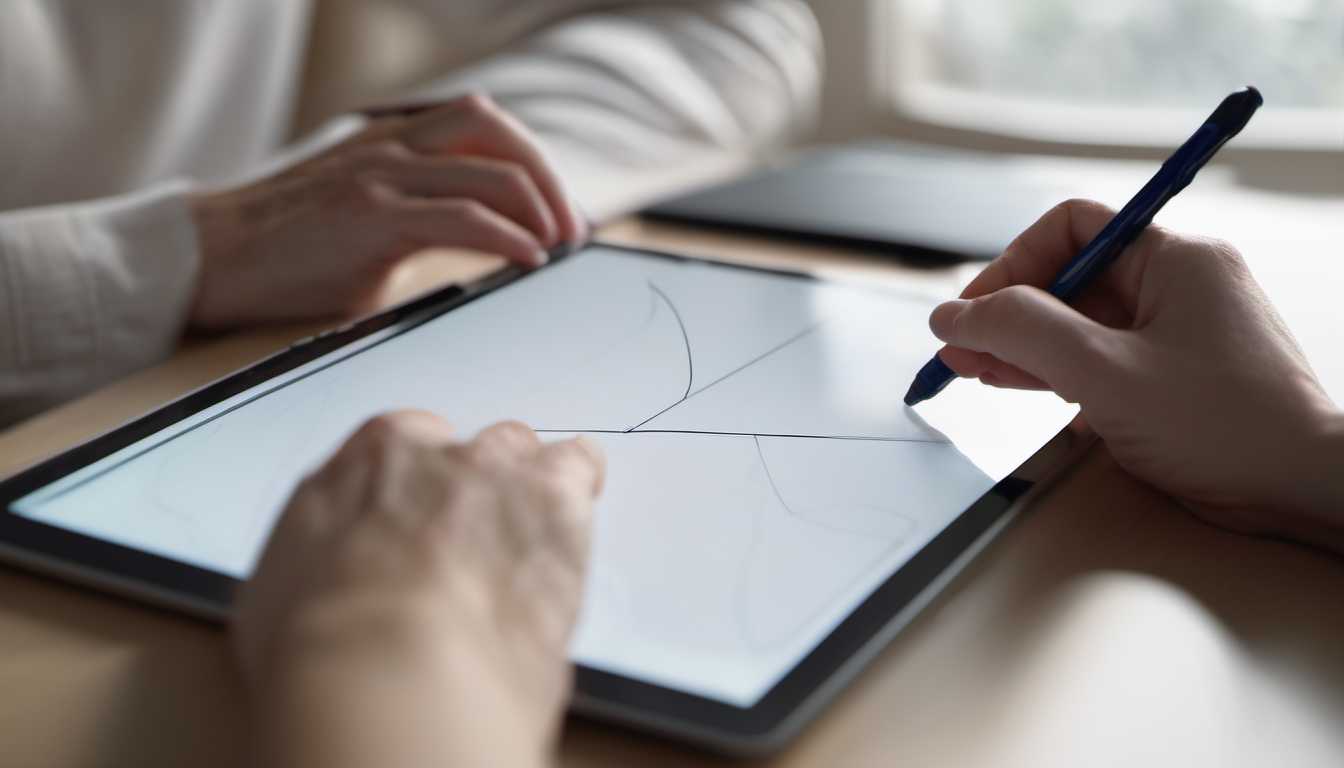 Tablet berisi grafik garis di atas meja dengan buku catatan