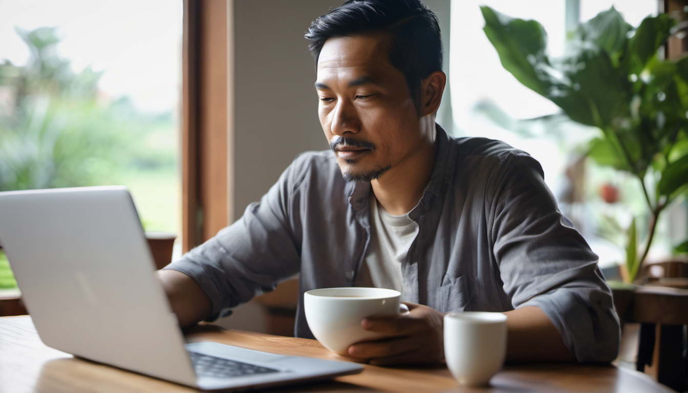 Seseorang membaca grafik di laptop dengan tenang di meja kerja